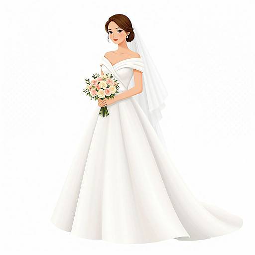 Digital illustration of a red-haired bride in an off-shoulder white wedding gown, holding a bouquet of pink and white flowers, set against a plain