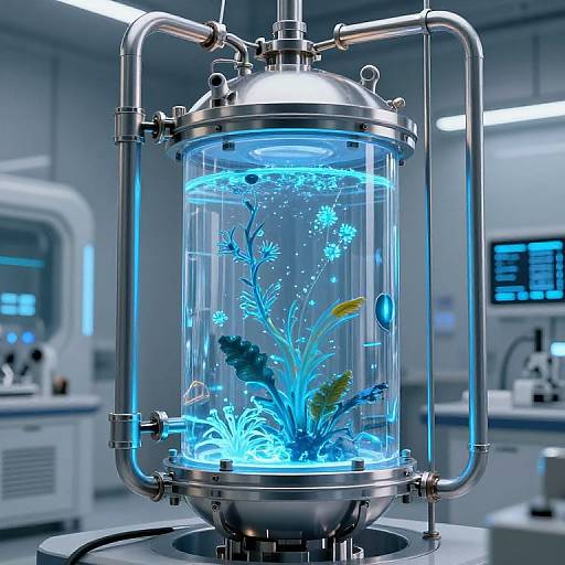 Photorealistic CGI of a futuristic lab: a glowing blue aquarium with illuminated aquatic plants and fish, encased in a metallic cylinder with pipes, set