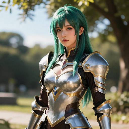 Woman in Fantasy Armor with Green Hair Outdoors
