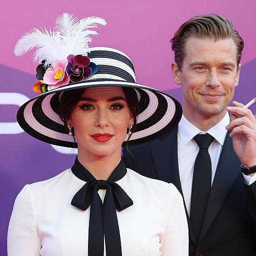 Elegant couple with striped hat and black suit