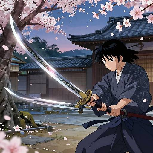Digital anime-style drawing of a black-haired samurai in blue kimono wielding two glowing swords under blooming cherry blossoms, with traditional Japanese buildings in