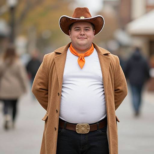 Photograph of a cheerful, overweight man in a brown cowboy hat, orange neckerchief, white shirt, and brown coat, standing on a blurred