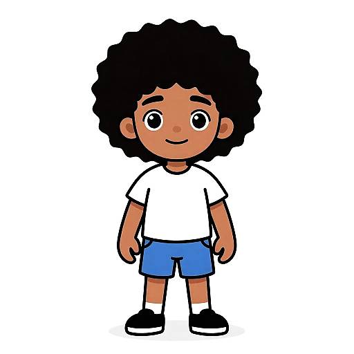 Cartoon illustration of a young boy with dark curly hair, brown skin, wearing a white t-shirt, blue shorts, and black shoes.
