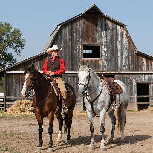 Cowboy Riding Two Horses Near Barn