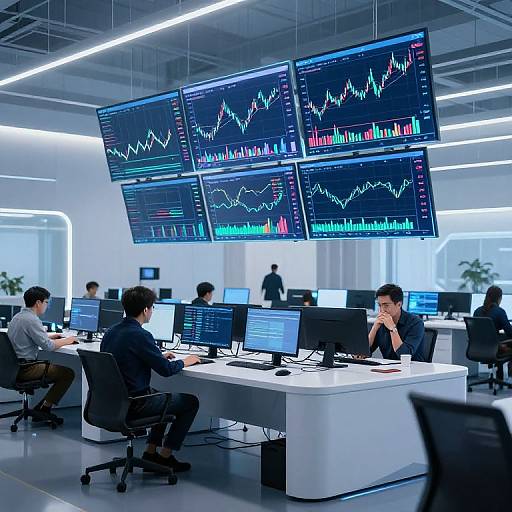 Photograph of a modern trading room with six men monitoring colorful stock market graphs on large, suspended screens above white desks.
