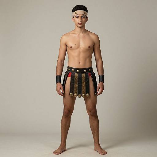 Photograph of a young, lean, shirtless man with short black hair, wearing a white headband, black and brown pleated skirt, black