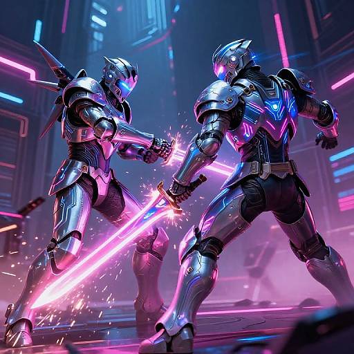 Digital artwork of two futuristic armored warriors clashing with neon-lit swords, sparks flying in a cyberpunk cityscape.
