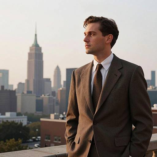 Photograph of a handsome man with dark hair in a brown suit and tie, standing on a rooftop, gazing at a city skyline with tall buildings