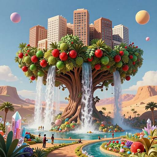 Surreal Tree-City with Floating Orbs