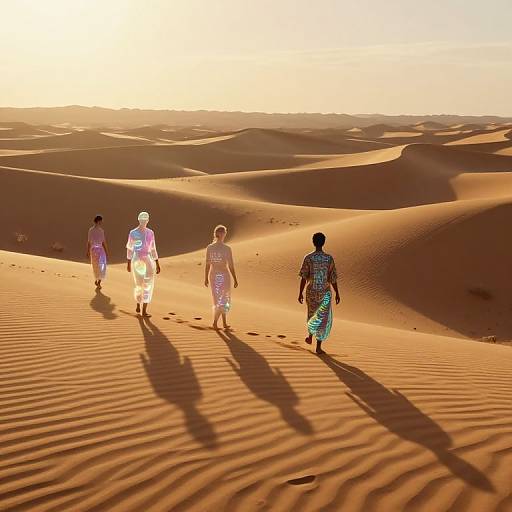Photograph of four people walking in a golden desert with rippled sand dunes, casting long shadows, under a bright sunset.