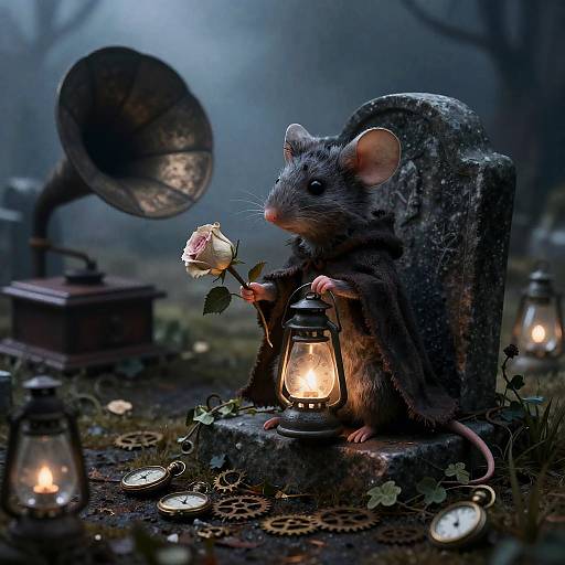 Clock-Faced Mouse on Crooked Gravestone