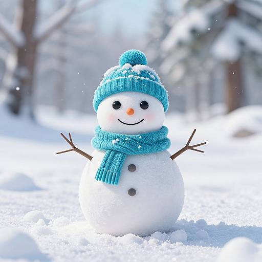 Photograph of a cheerful snowman with black eyes, orange carrot nose, blue knit hat, and matching scarf, standing in a snowy forest.