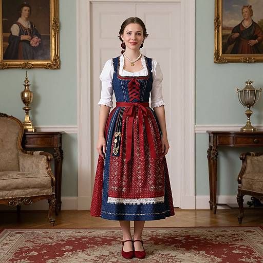 Photograph of a fair-skinned woman with dark hair in a Victorian-style blue and red dress, white blouse, red shoes, standing in a vintage
