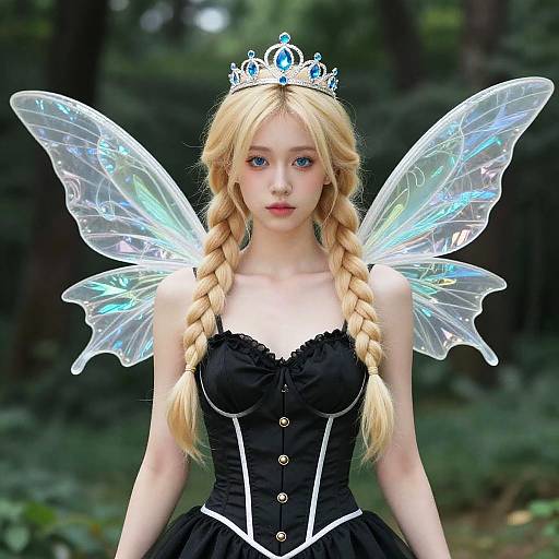 Digital artwork of a fair-skinned, blonde girl with braided hair, wearing a black corset, translucent fairy wings, and a silver crown,