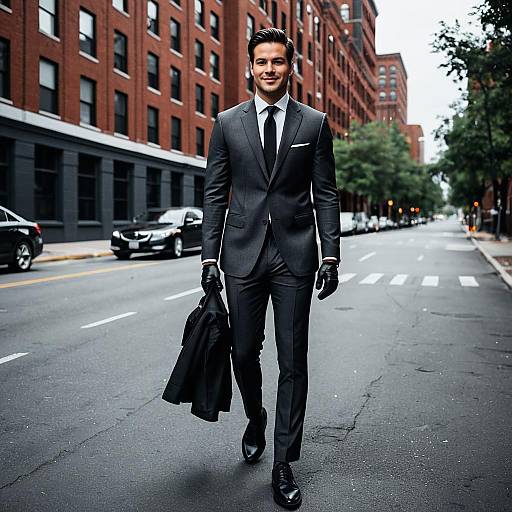 Confident Man in Dark Gray Suit Walking on City Street