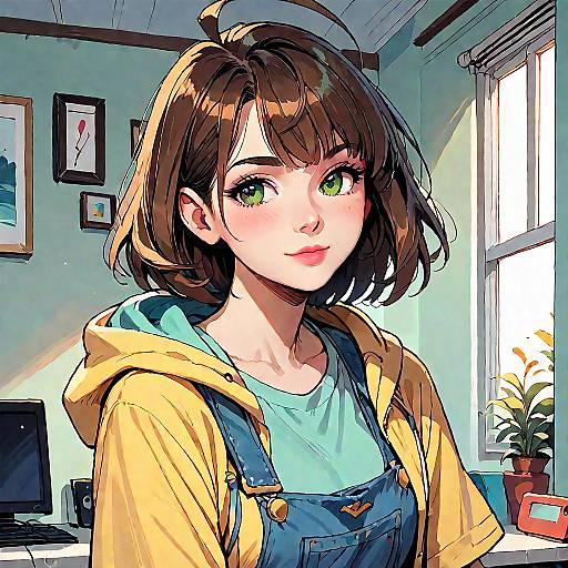 Digital anime-style portrait of a young woman with green eyes, brown bob haircut, wearing a yellow hoodie over blue denim overalls, in a sunlit
