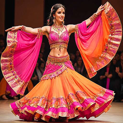 Artistic Dancer in Bright Pink and Orange Belly Dance Outfit
