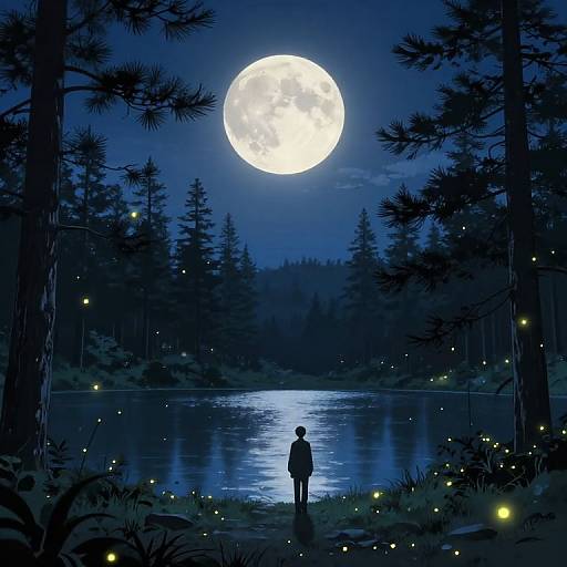 Digital illustration: Silhouetted figure stands by moonlit lake, surrounded by glowing fireflies, under a bright full moon in a dense, dark