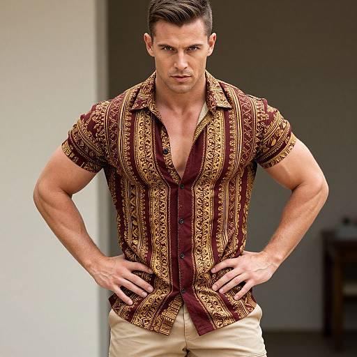 Photograph of a muscular, light-skinned man with short dark hair, wearing an ornate, maroon and gold patterned shirt and beige pants