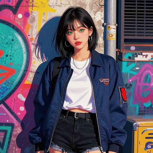 Digital artwork of an Asian woman with green eyes, black bob haircut, wearing a navy jacket, white crop top, black shorts, and hoop earrings,