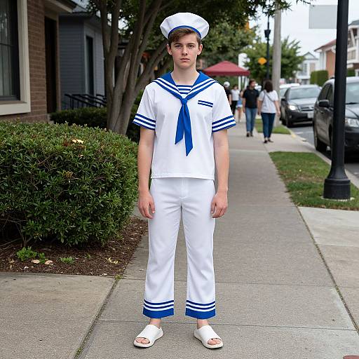 Photograph of a young boy standing on a suburban sidewalk in a white sailor uniform with blue accents, white pants, and white sandals, with bushes and