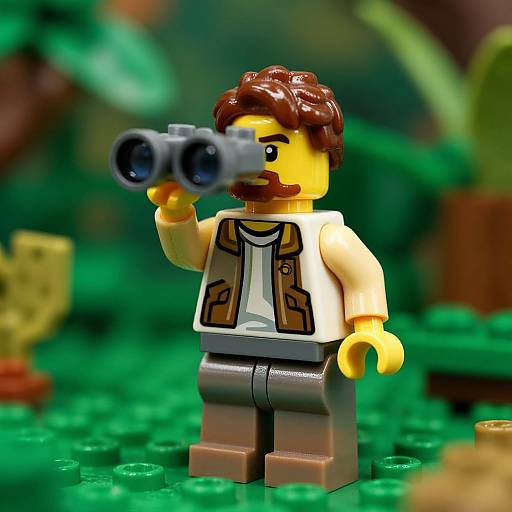 Photograph of LEGO minifigure with brown hair, beard, white shirt, brown vest, gray pants, holding binoculars in green, blurred
