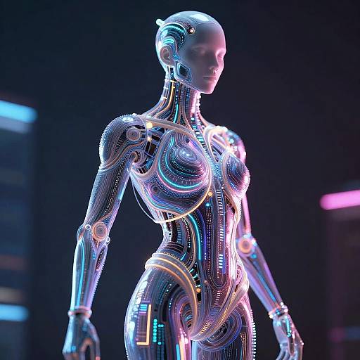 Photorealistic CGI of a futuristic, neon-lit female humanoid robot with glowing circuits, standing against a dark, tech-themed background.