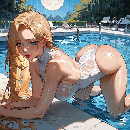 Glossy Swimsuit Night Pool Scene