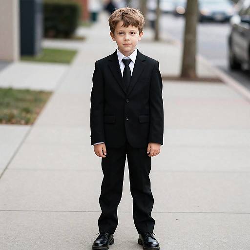 Young Boy in Black Suit and Tie on Sidewalk