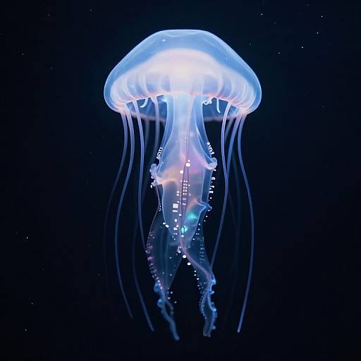 Photograph of a glowing, translucent blue jellyfish with long, flowing tentacles against a dark, starry ocean background.