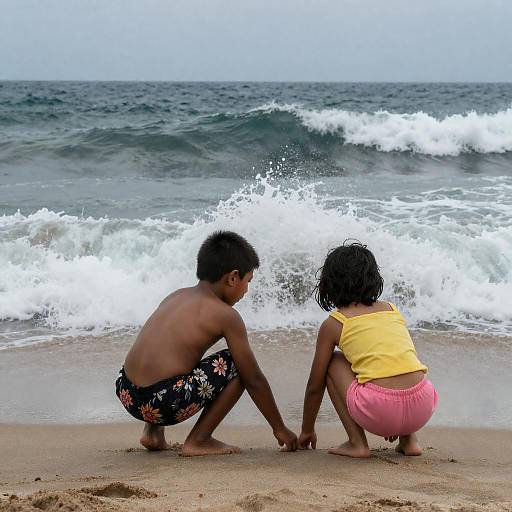 Courageous Children on a Stormy Beach