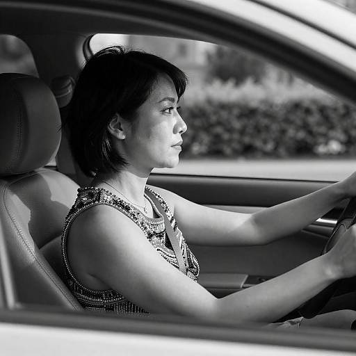 Woman Driving in a Stylish Beaded Top