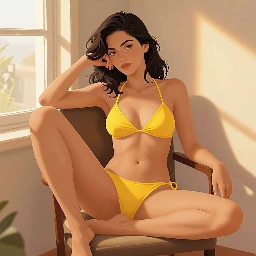 Digital artwork of a dark-haired woman in a yellow bikini, sitting in a sunlit room with a window, exuding confidence.