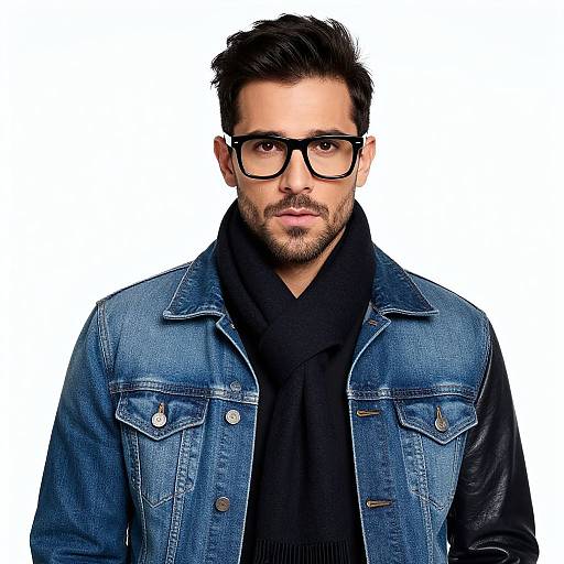 Photograph of a handsome man with dark hair, stubble, black glasses, blue denim jacket, black scarf, and serious expression against a white background