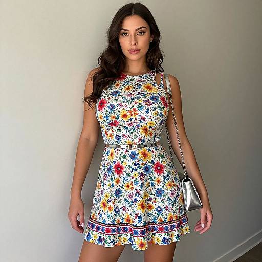 Photograph of a dark-haired woman with long wavy hair, wearing a sleeveless, floral-patterned mini dress, holding a silver purse, standing