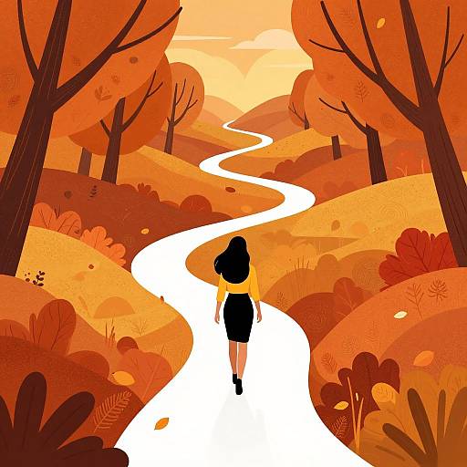 Digital illustration of a woman in a black dress and yellow top walking on a winding white path through vibrant autumn trees.