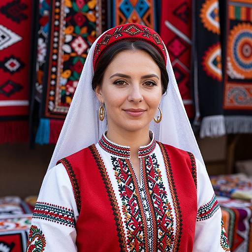 Photograph of a smiling woman with fair skin, dark brown eyes, and black hair, wearing traditional red and white embroidered dress, white veil, and