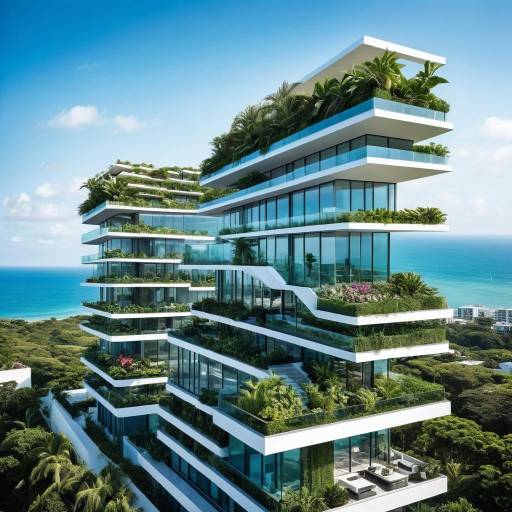 Vibrant Coastal Skyscraper with Rooftop Garden Vibrant Coastal Skyscraper with Rooftop Garden