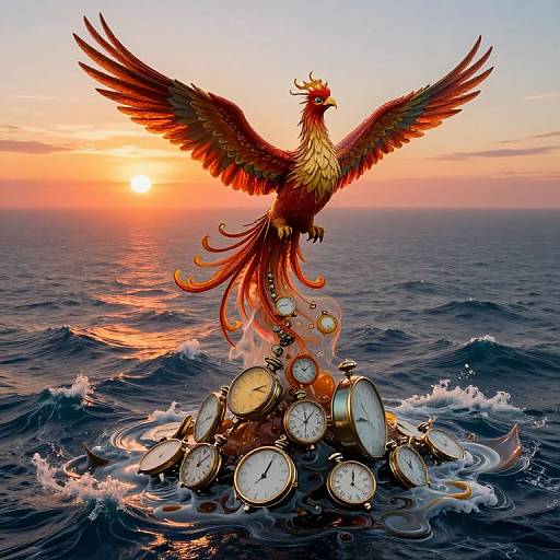 Digital artwork of a fiery phoenix with outstretched wings standing on a pyramid of clocks in the ocean at sunset.