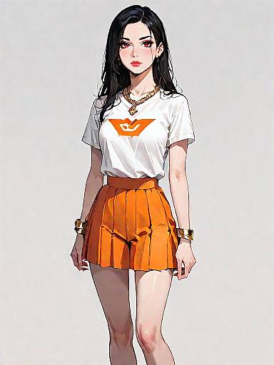 Stylish Woman in Orange Skirt and White T-Shirt