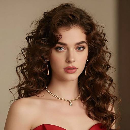 Photograph of a young woman with fair skin, curly brown hair, blue eyes, wearing a red strapless top, gold necklace, and earrings,