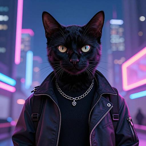 Neon-lit cityscape photograph of a black cat with glowing yellow eyes, wearing a black leather jacket and silver chain necklace.