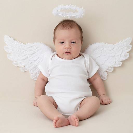 Photograph of a baby with white angel wings and halo, sitting on a plain white background, wearing a simple white onesie.