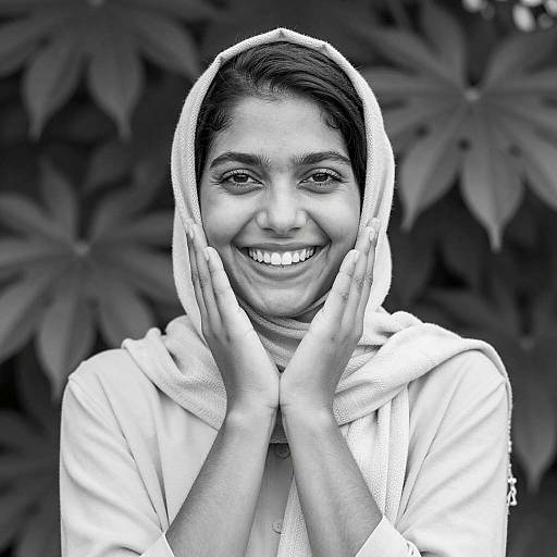 Smiling Woman in Headscarf Black and White Portrait