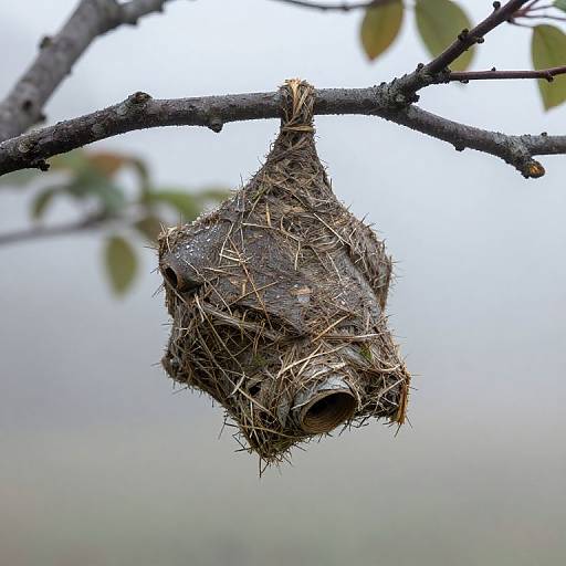 Photograph of a small, intricately woven bird nest with twigs and feathers, hanging from a thin, dark tree branch against a blurred, light