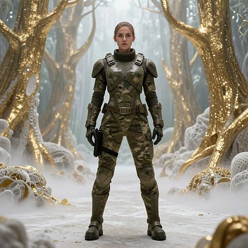 Photorealistic CGI of a determined, armored woman standing in a snow-covered, enchanted forest with glowing, golden tree branches.