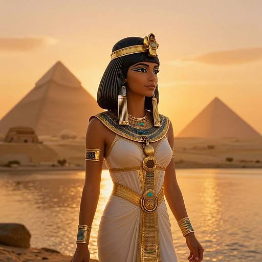 Photorealistic image of an African queen in ancient Egyptian attire, adorned with gold jewelry, standing by a Nile River at sunset with pyramids in the