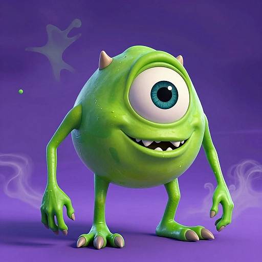 CGI green, one-eyed monster with horns, sharp teeth, and clawed hands stands on purple background; large eye, smirking expression.