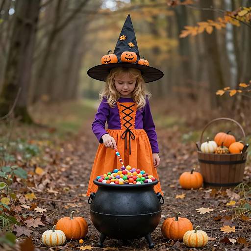 Little Girl in Witch Costume with Candy Cauldron