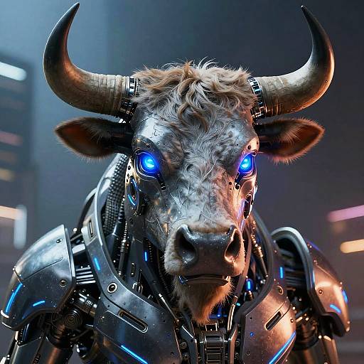 Cybernetic minotaur with glowing blue eyes, large horns, and metallic armor in a futuristic cityscape at night. Digital artwork.